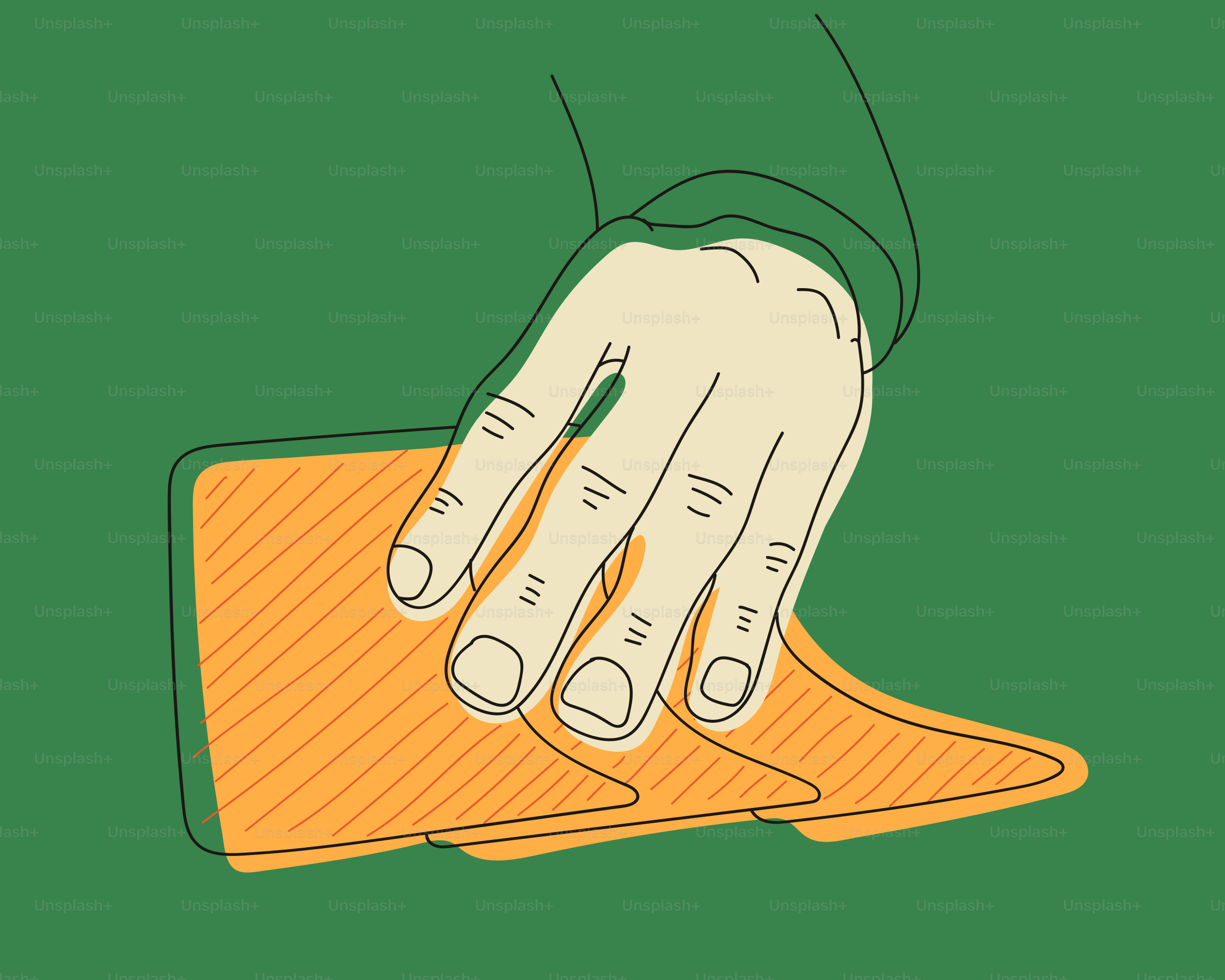 Hand reaching for an orange wallet on green background