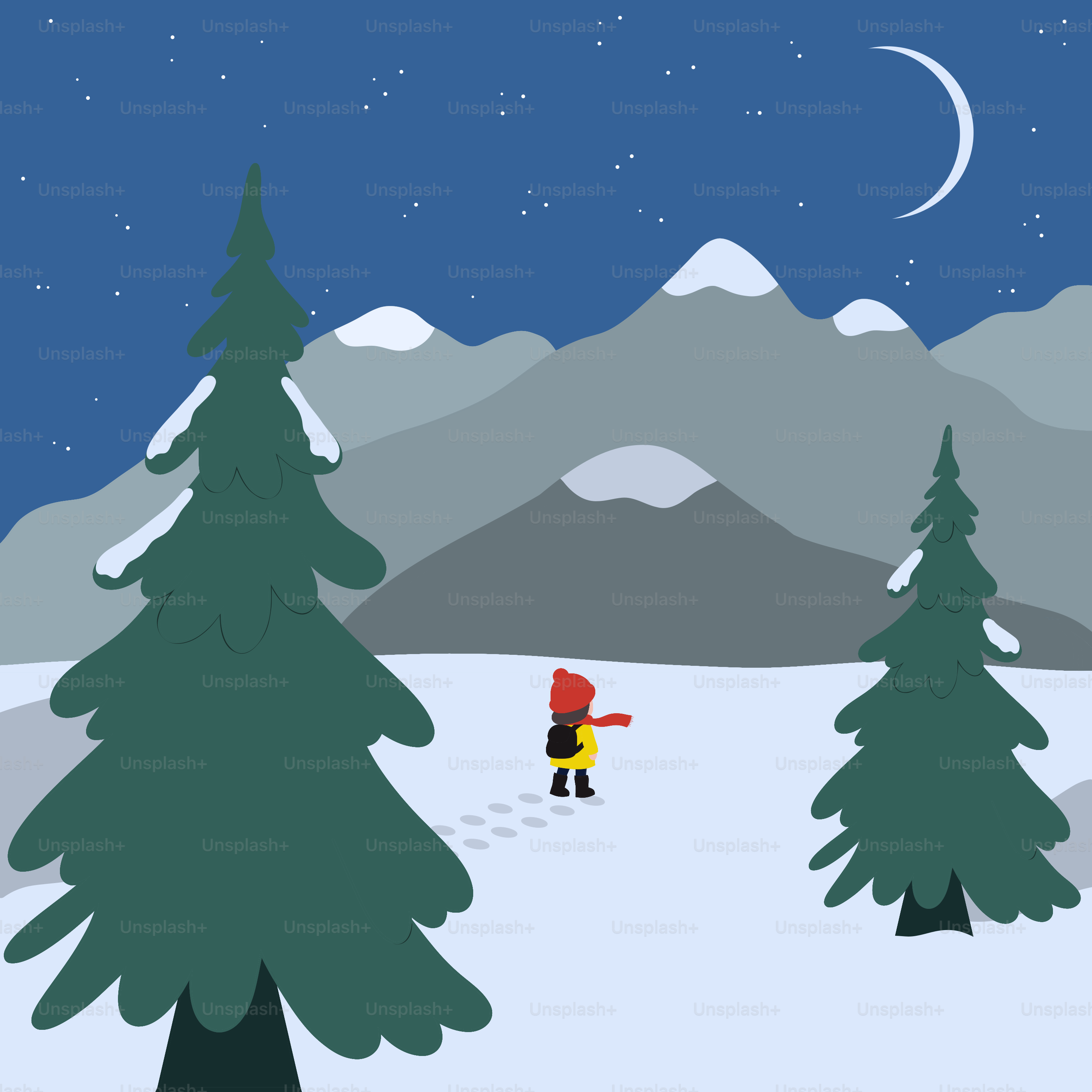 Child walks through snowy mountains under crescent moon.