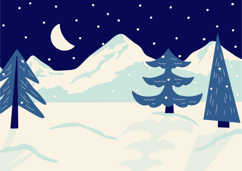 Snowy winter landscape with crescent moon and pine trees