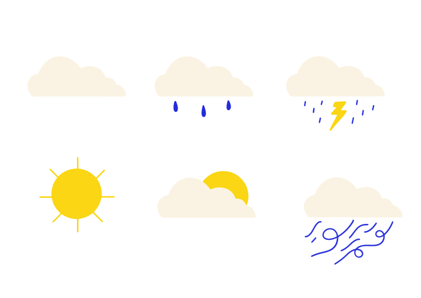 Weather icons including sun, rain, and lightning.