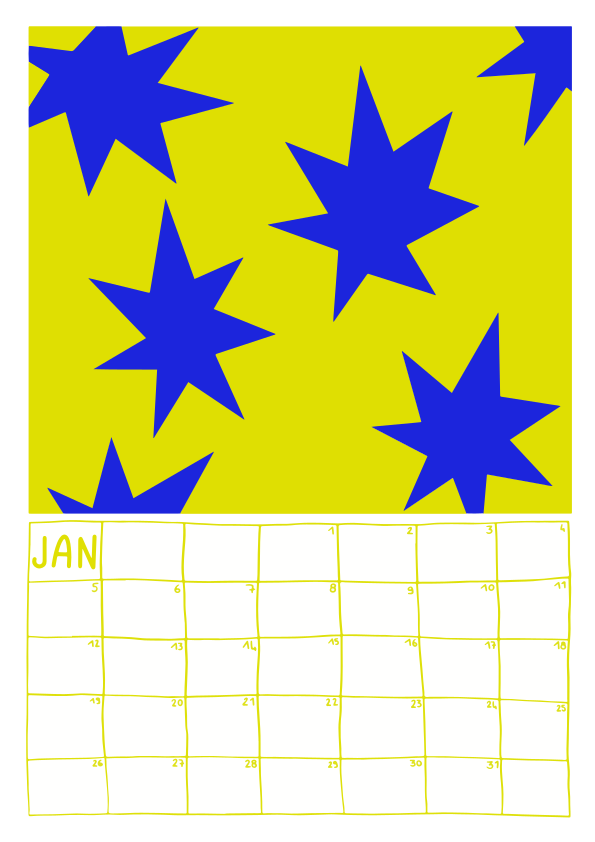 Blue starbursts on yellow background with january calendar