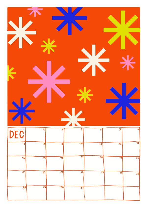Padrão colorido de starburst acima da grade do calendário de dezembro