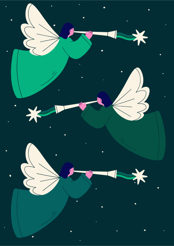 Three angels blowing trumpets against starry night vector – Christmas ...