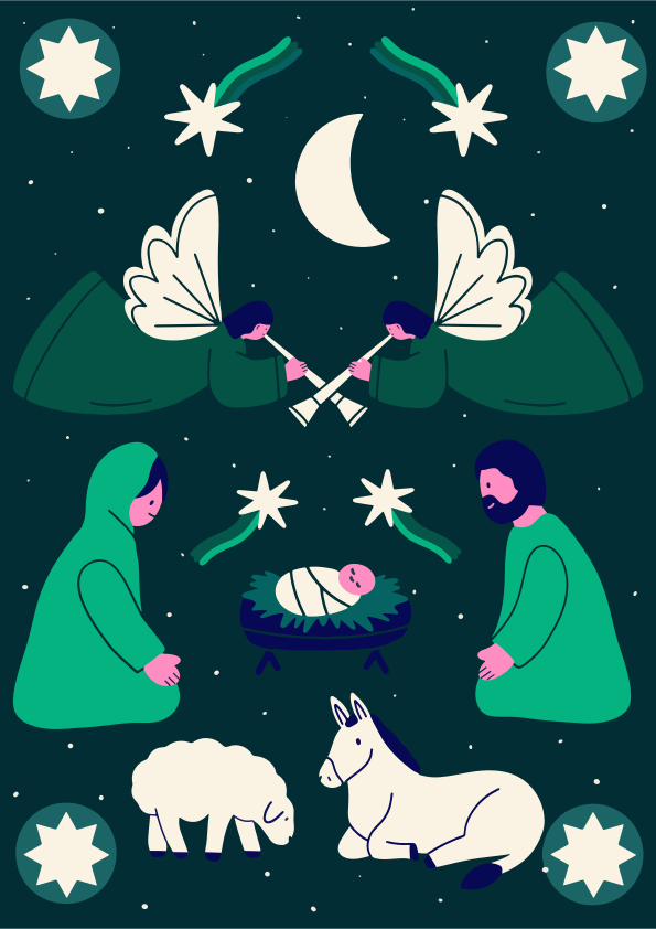 Nativity scene with mary, joseph, baby jesus, angels, and animals.