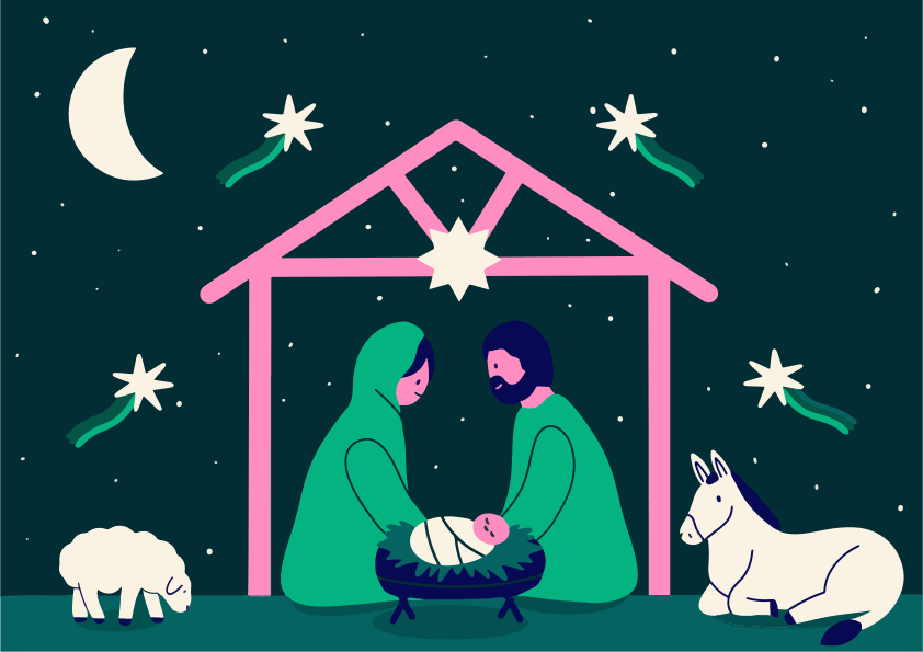 Nativity scene with mary, joseph, baby jesus, sheep, donkey.