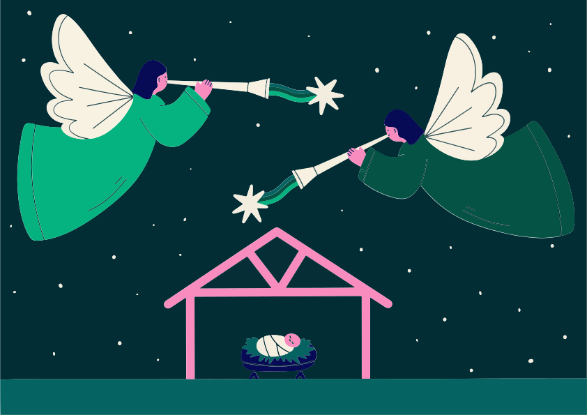 Two angels blow trumpets above a manger scene.