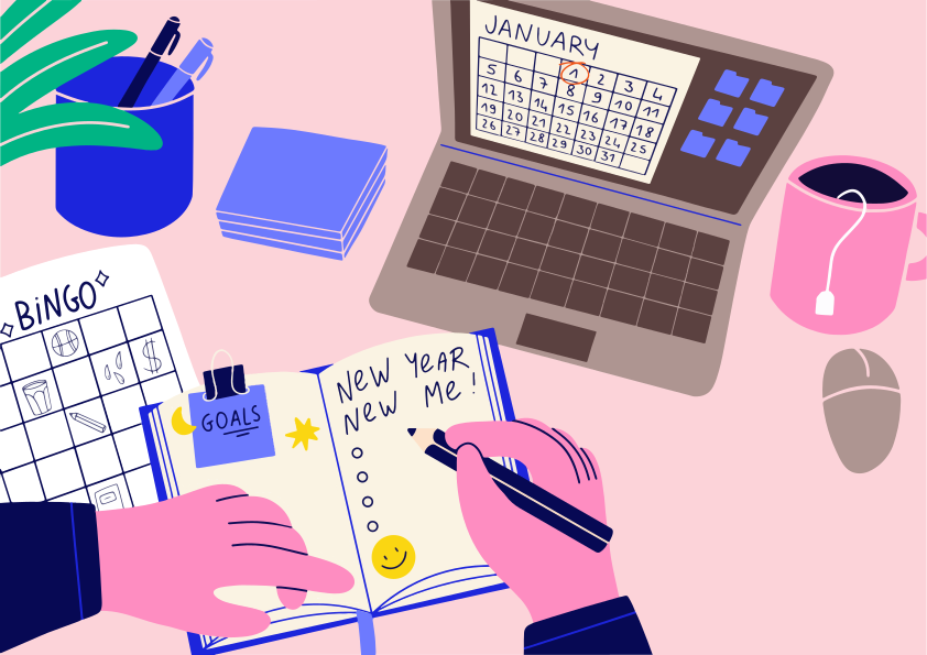 Calendar with january circled, surrounded by sticky notes. vector ...