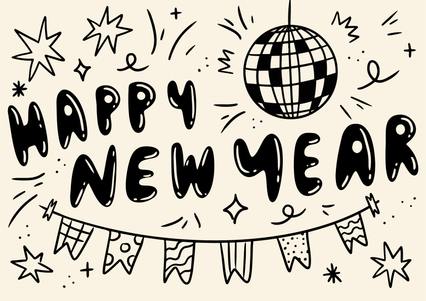 Feliz año nuevo con bolas de discoteca y decoraciones festivas.