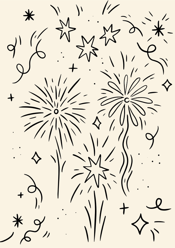 Hand-drawn fireworks and confetti celebration