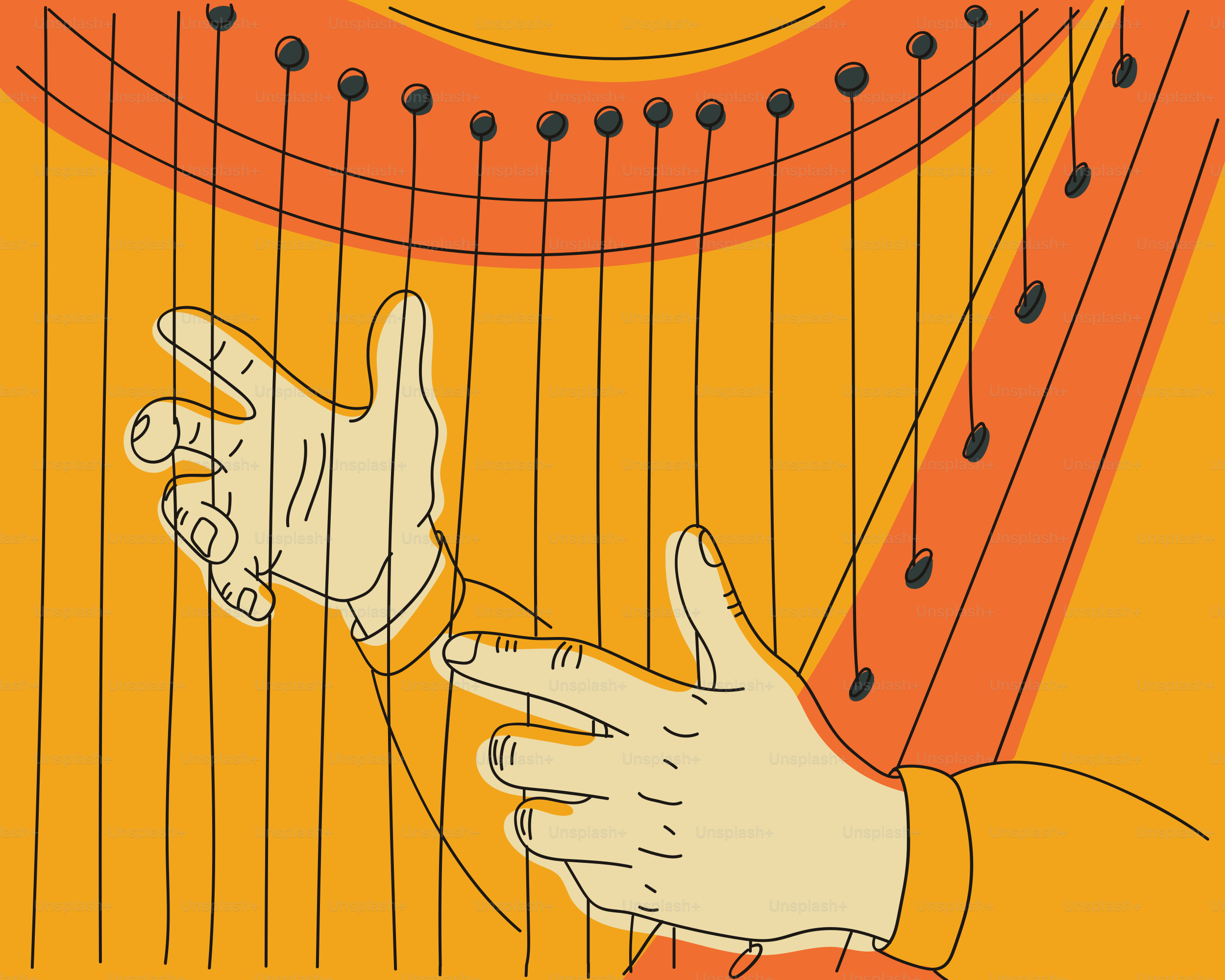 Hands playing a harp on a yellow background