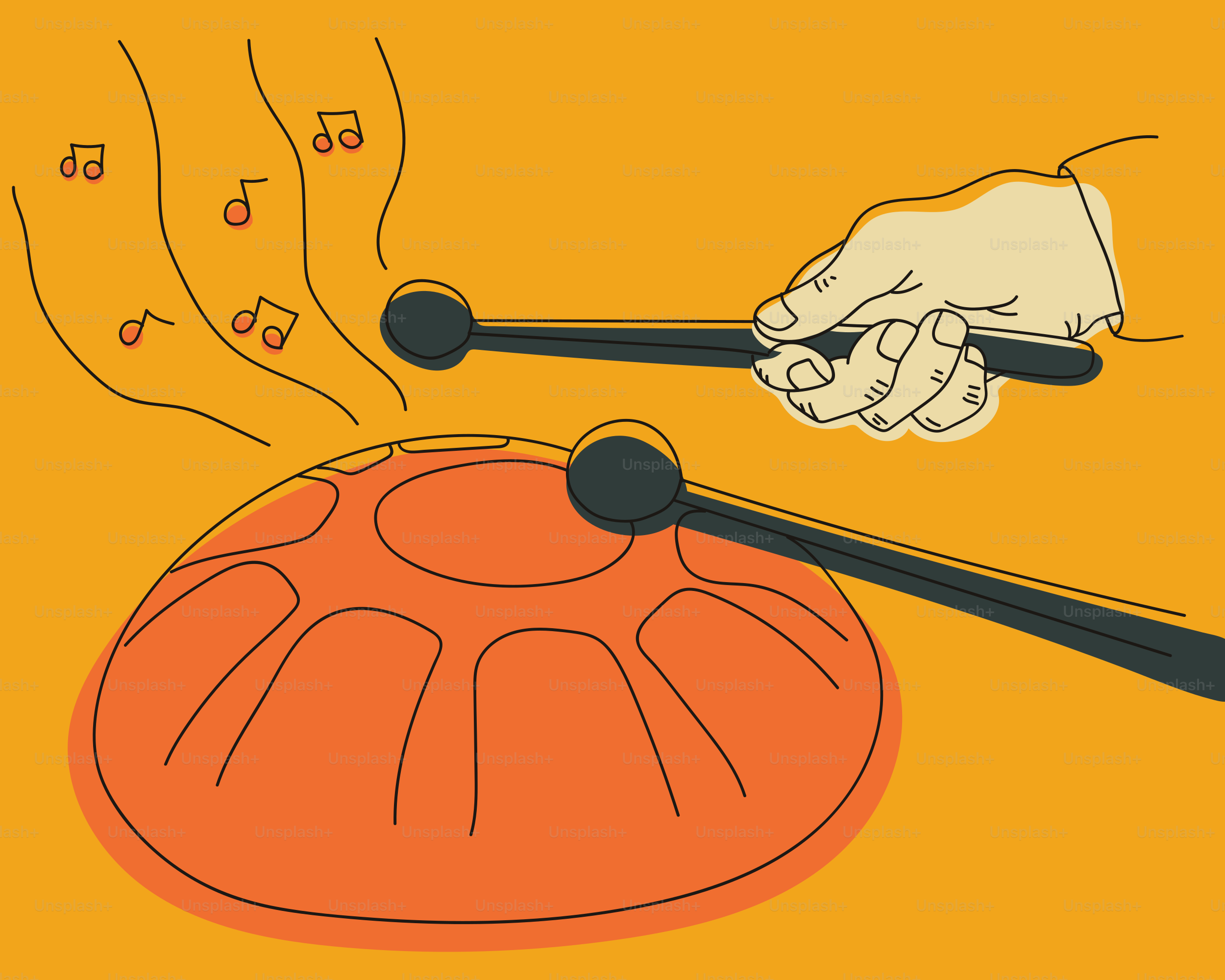 Tocar el tambor a mano con mazas, notas musicales arriba