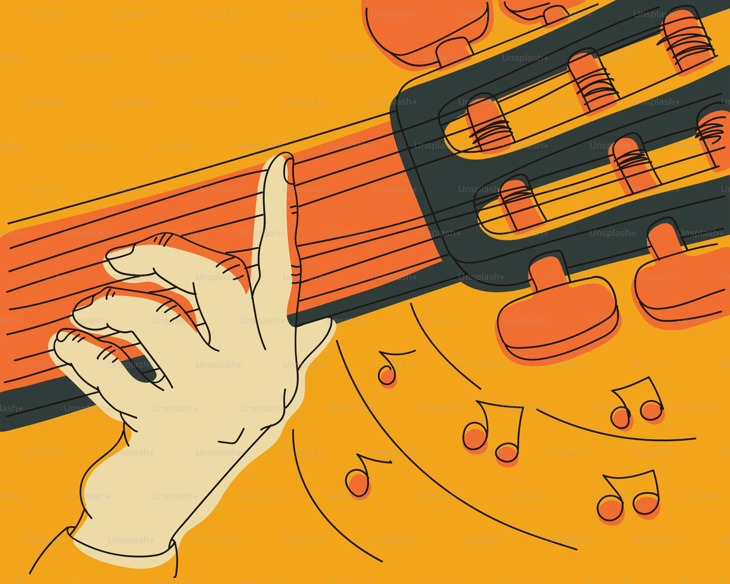 Primer plano de una mano tocando una guitarra con notas musicales.