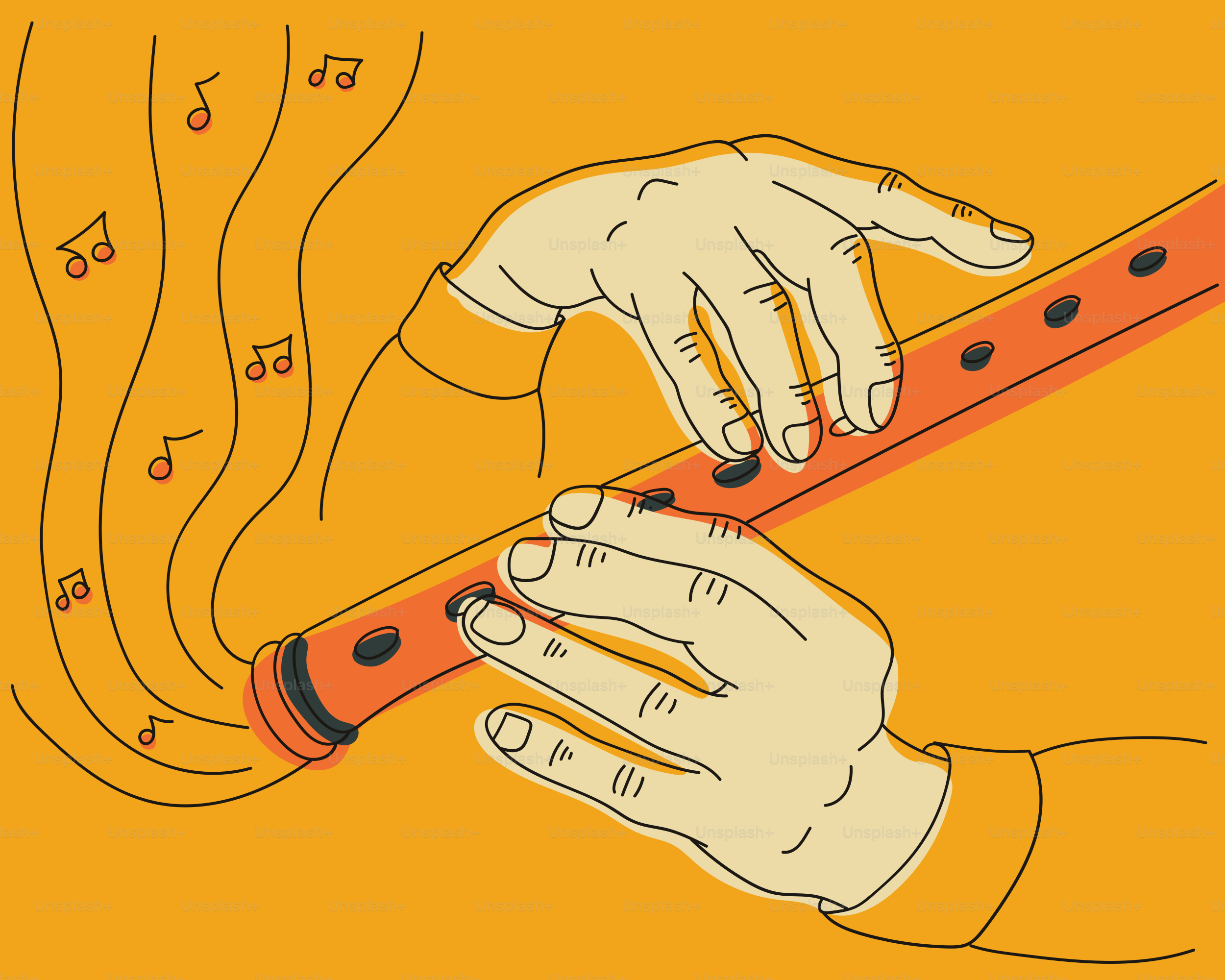 Manos tocando una flauta con notas musicales