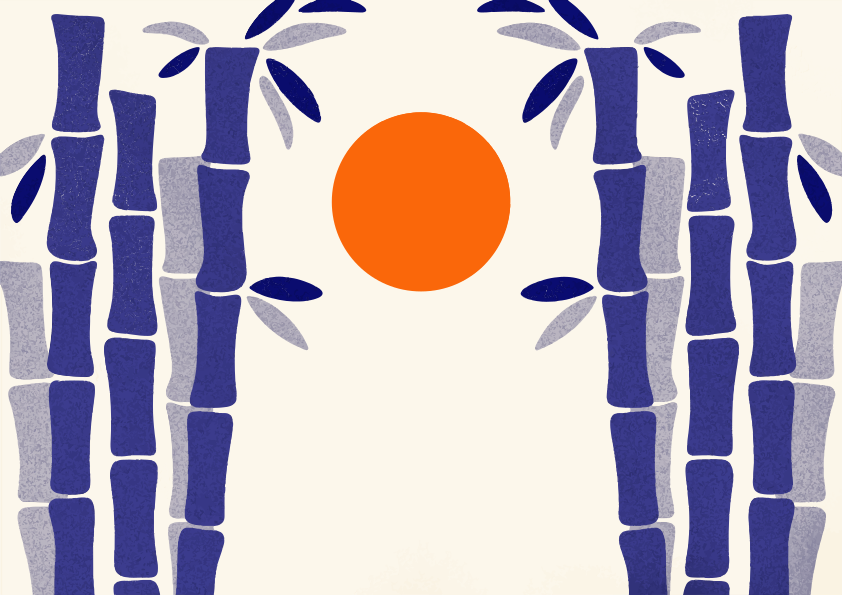 Blue bamboo stalks frame an orange sun.