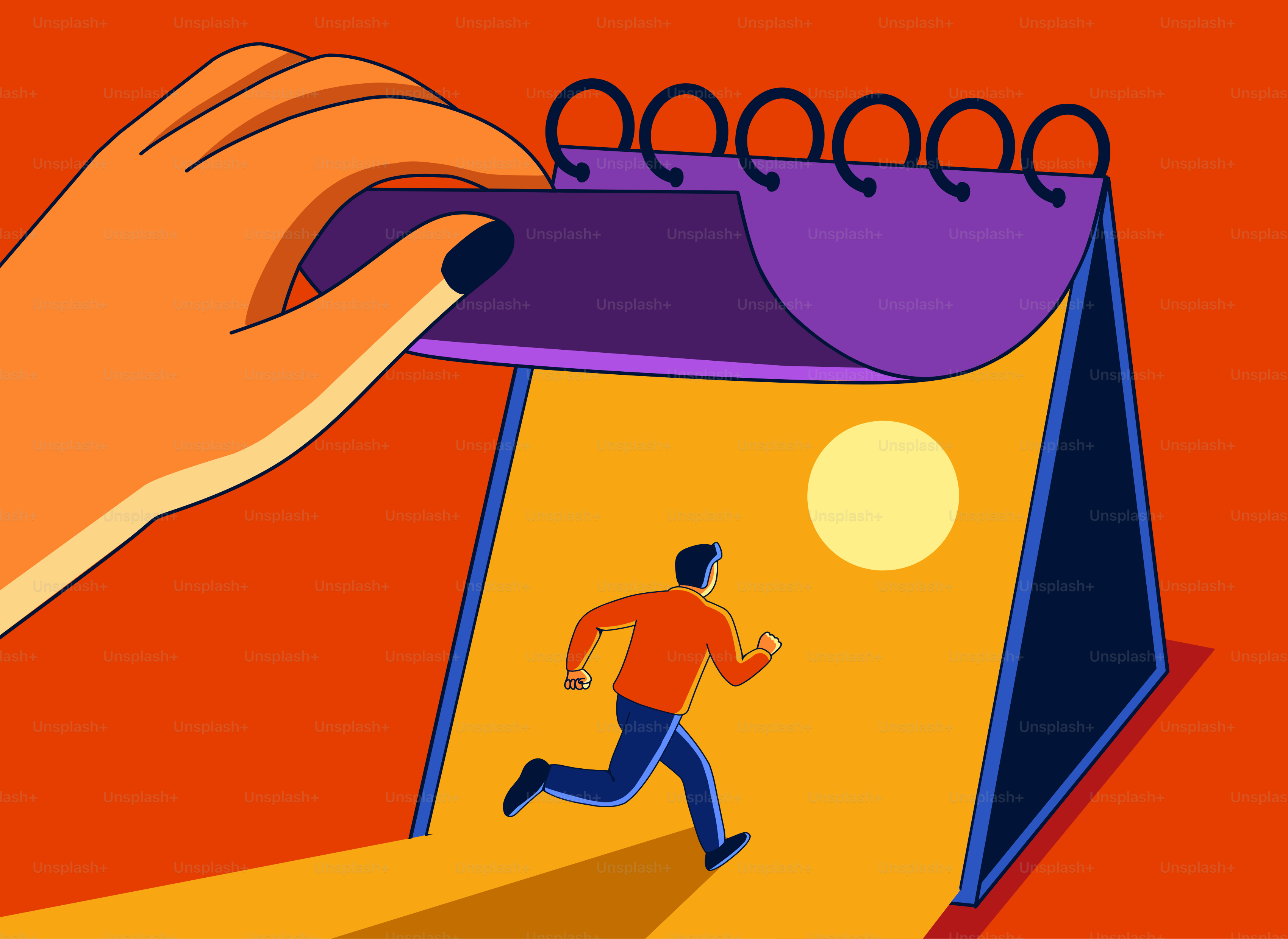 Uomo che corre verso il sole sulla pagina del calendario