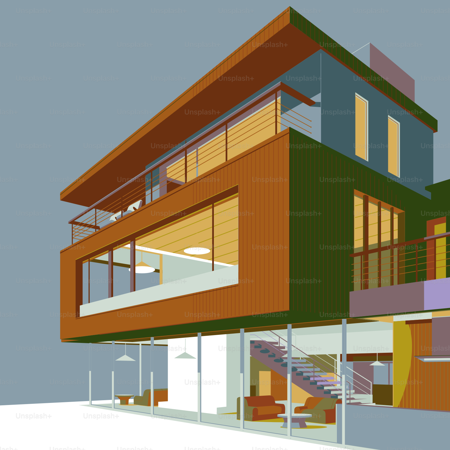 Modernes architektonisches Gebäude mit farbenfrohen geometrischen Formen.