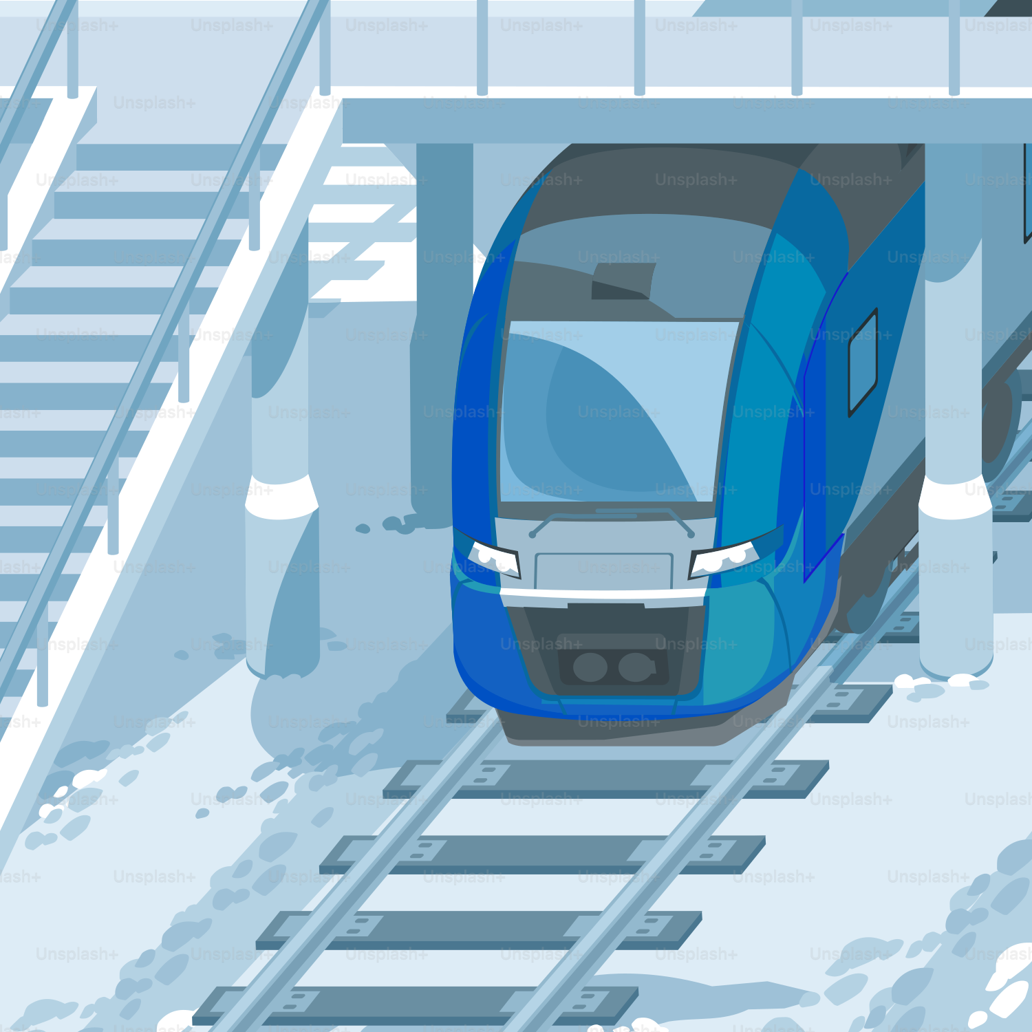 Blue modern train on snowy tracks.