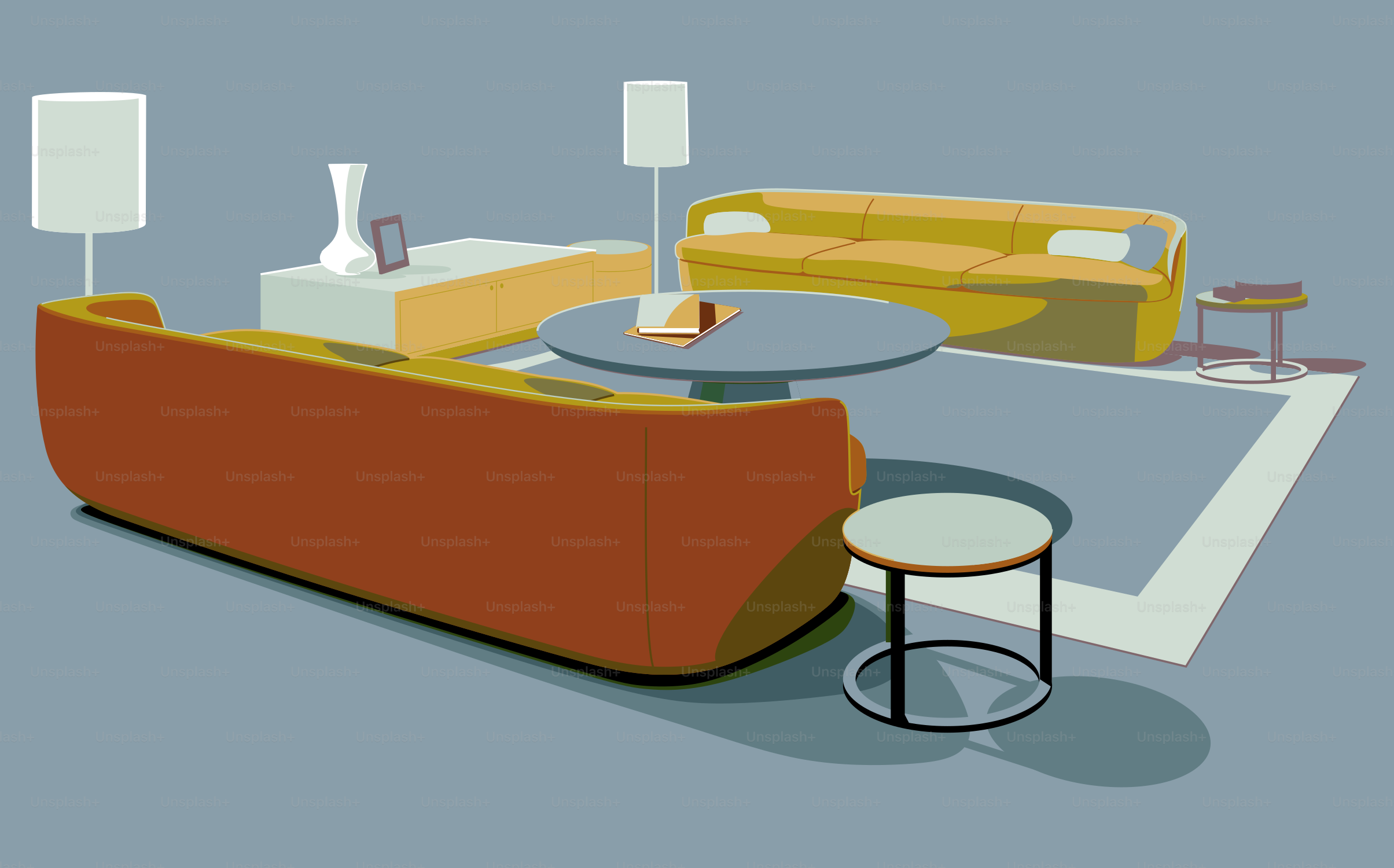 モダンなリビングルームにはソファが2つとコーヒーテーブルがあります。