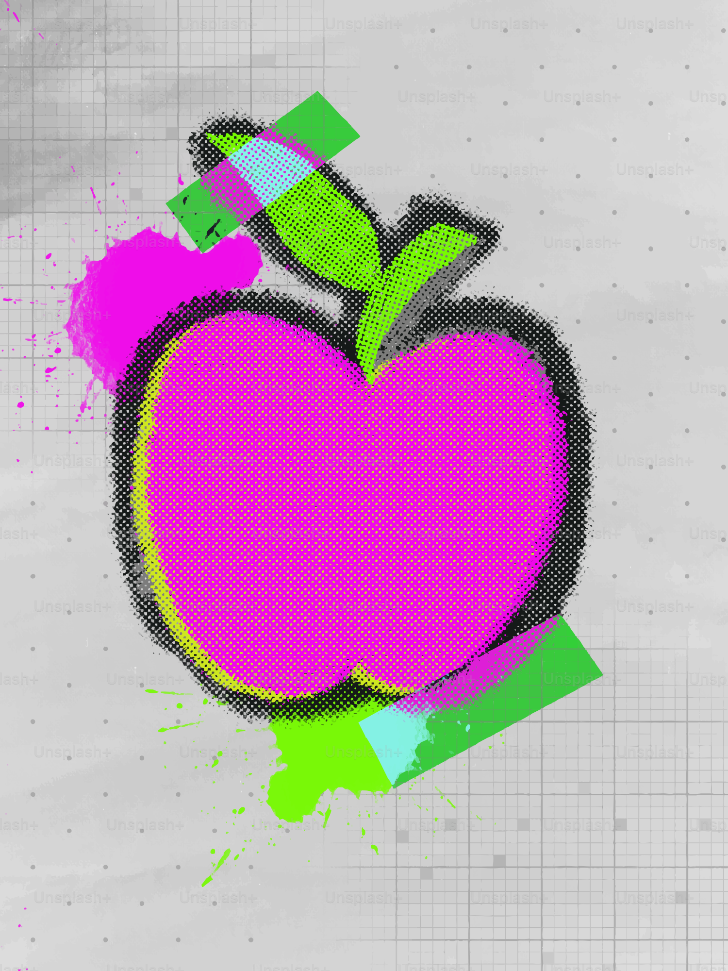 Pink apple with green leaves and tape