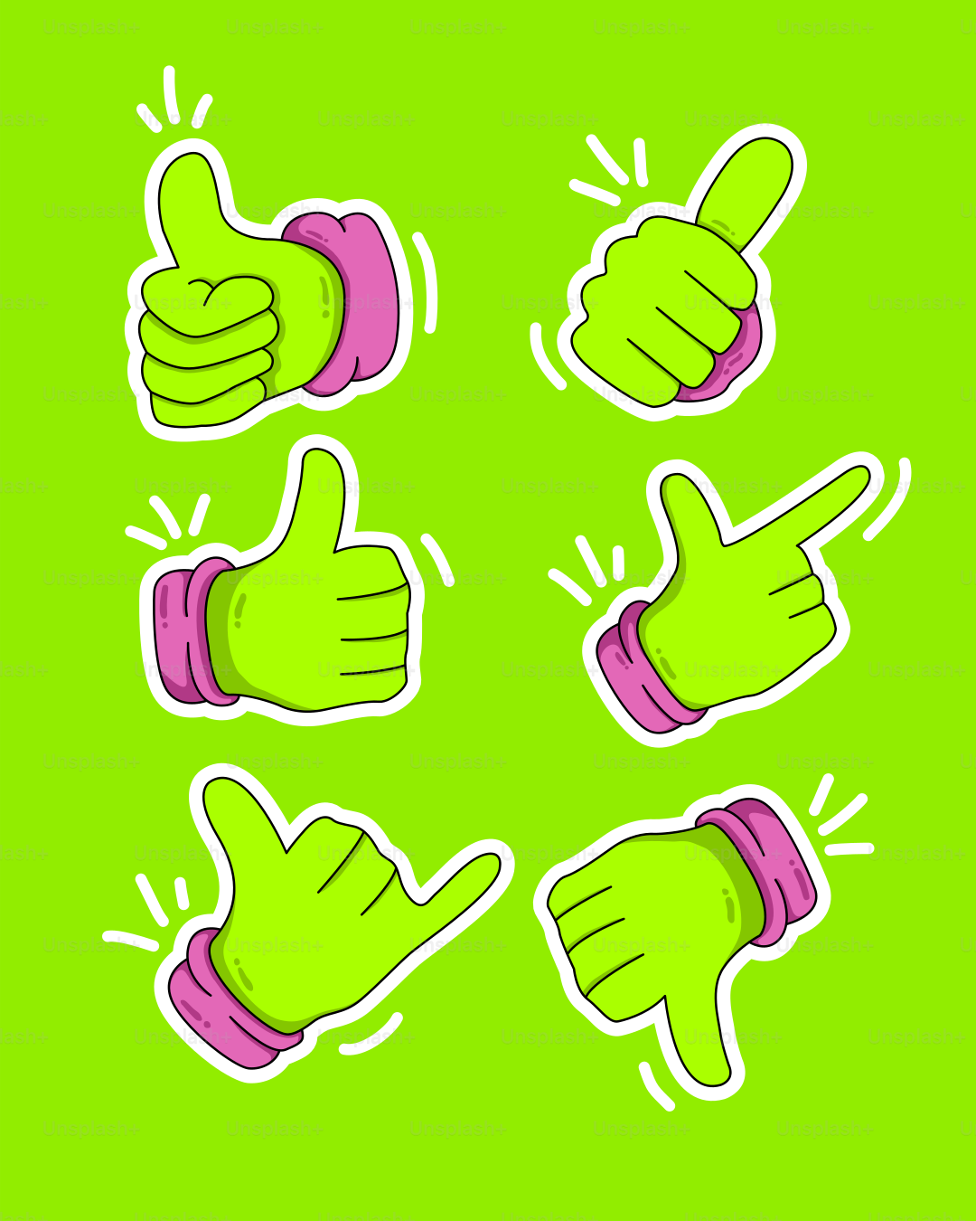 Six green thumbs-up and thumbs-down hand gestures.