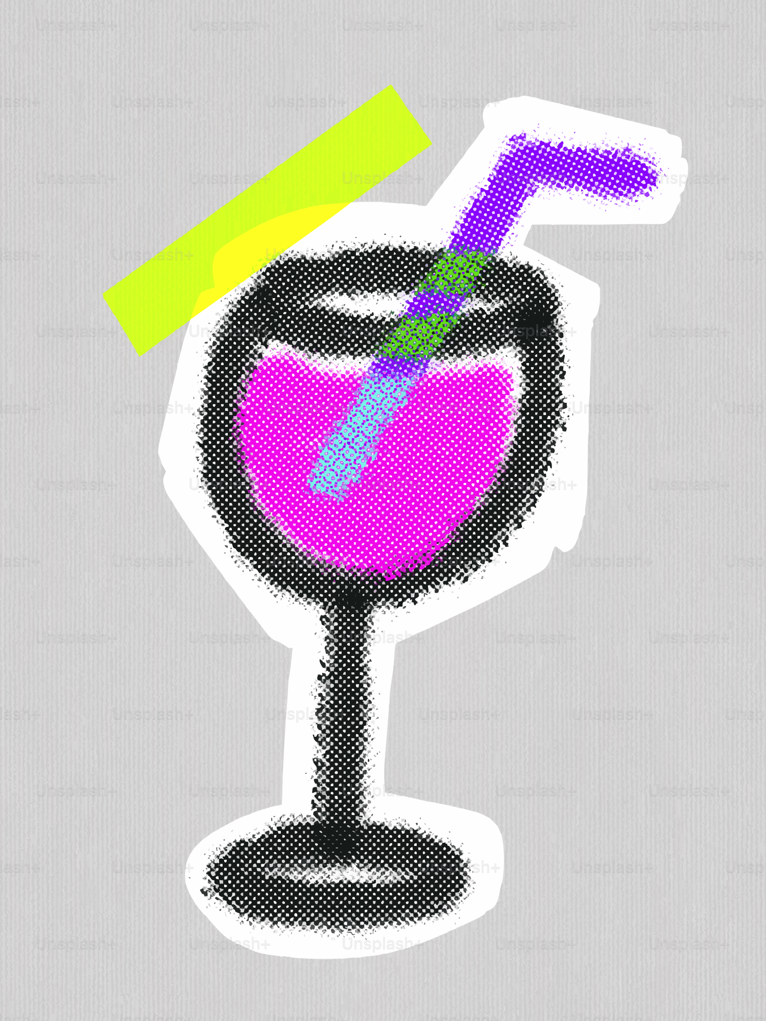 A stylized glass with pink liquid and straw.
