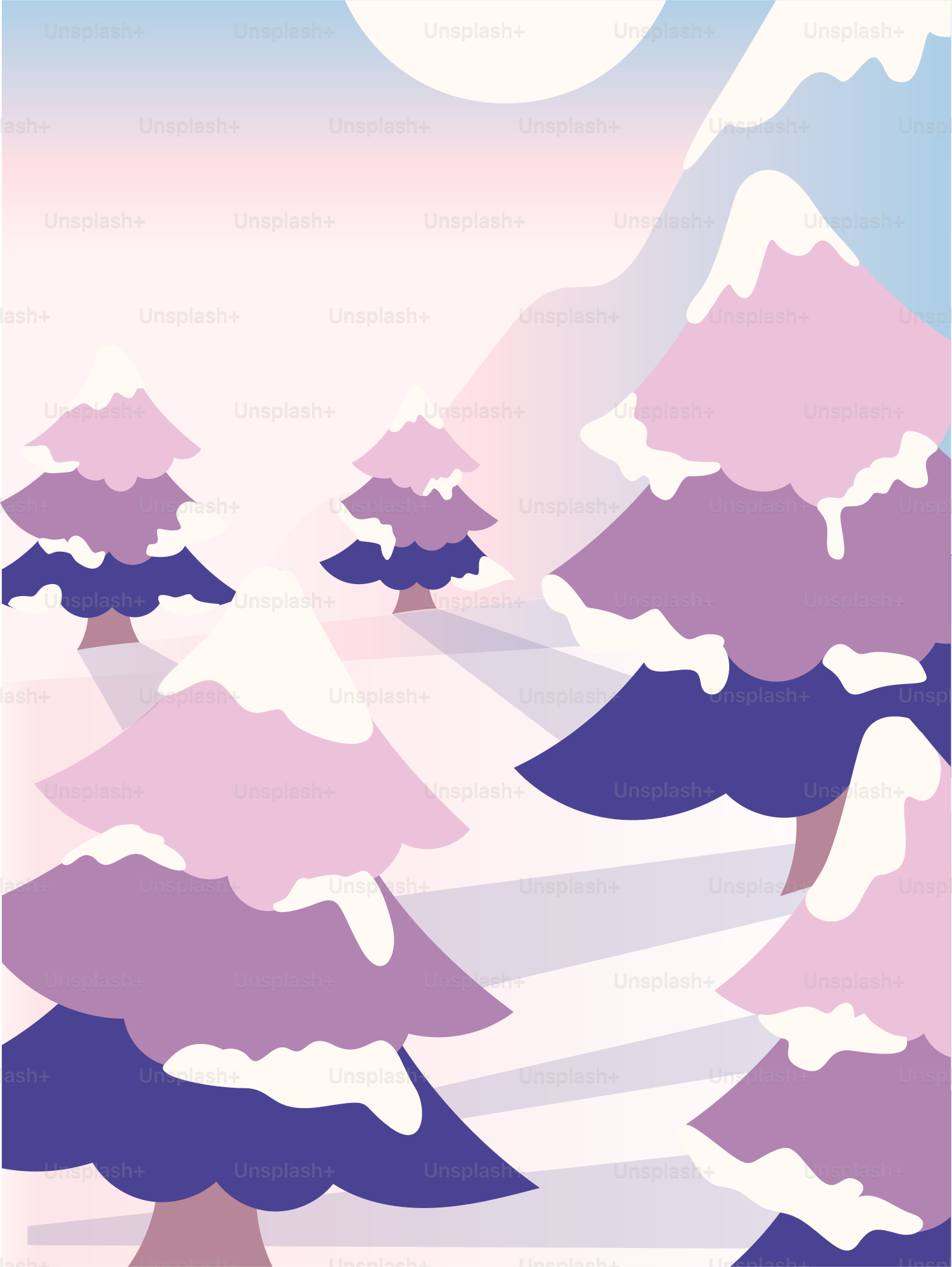 Pinos cubiertos de nieve sobre un paisaje invernal pastel