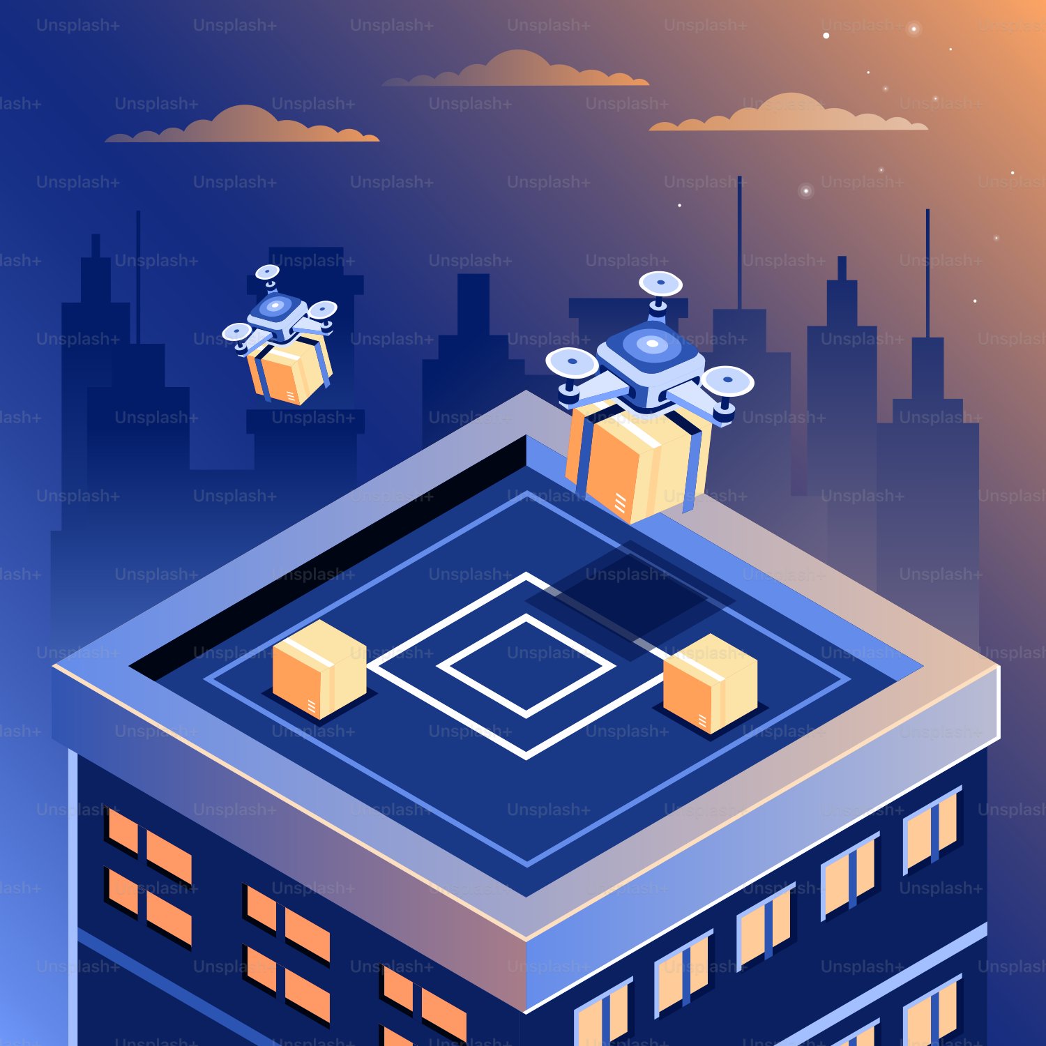 Robots delivering packages in a connected network. vector – Technology ...