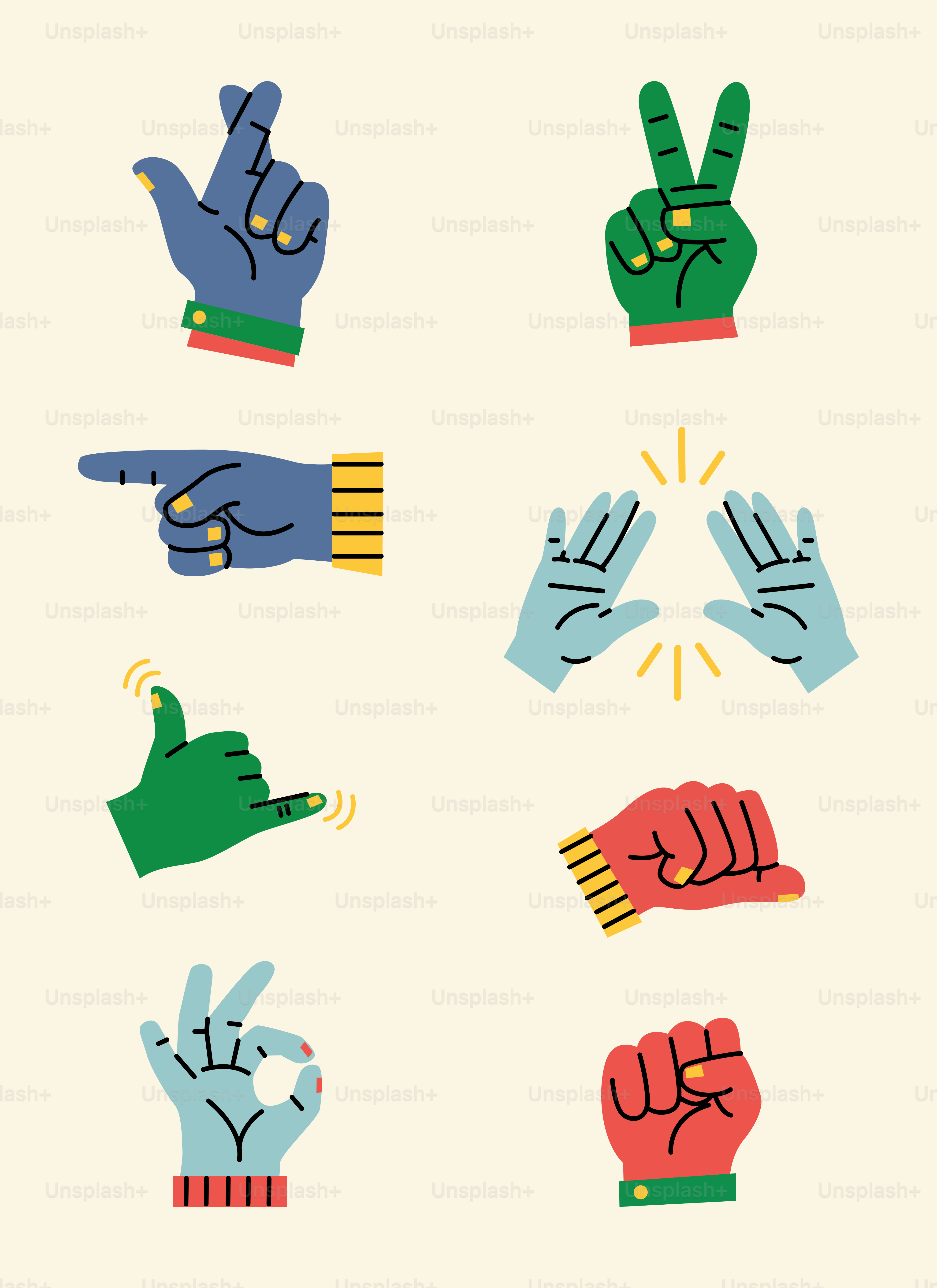 Various hands making different gestures and signs