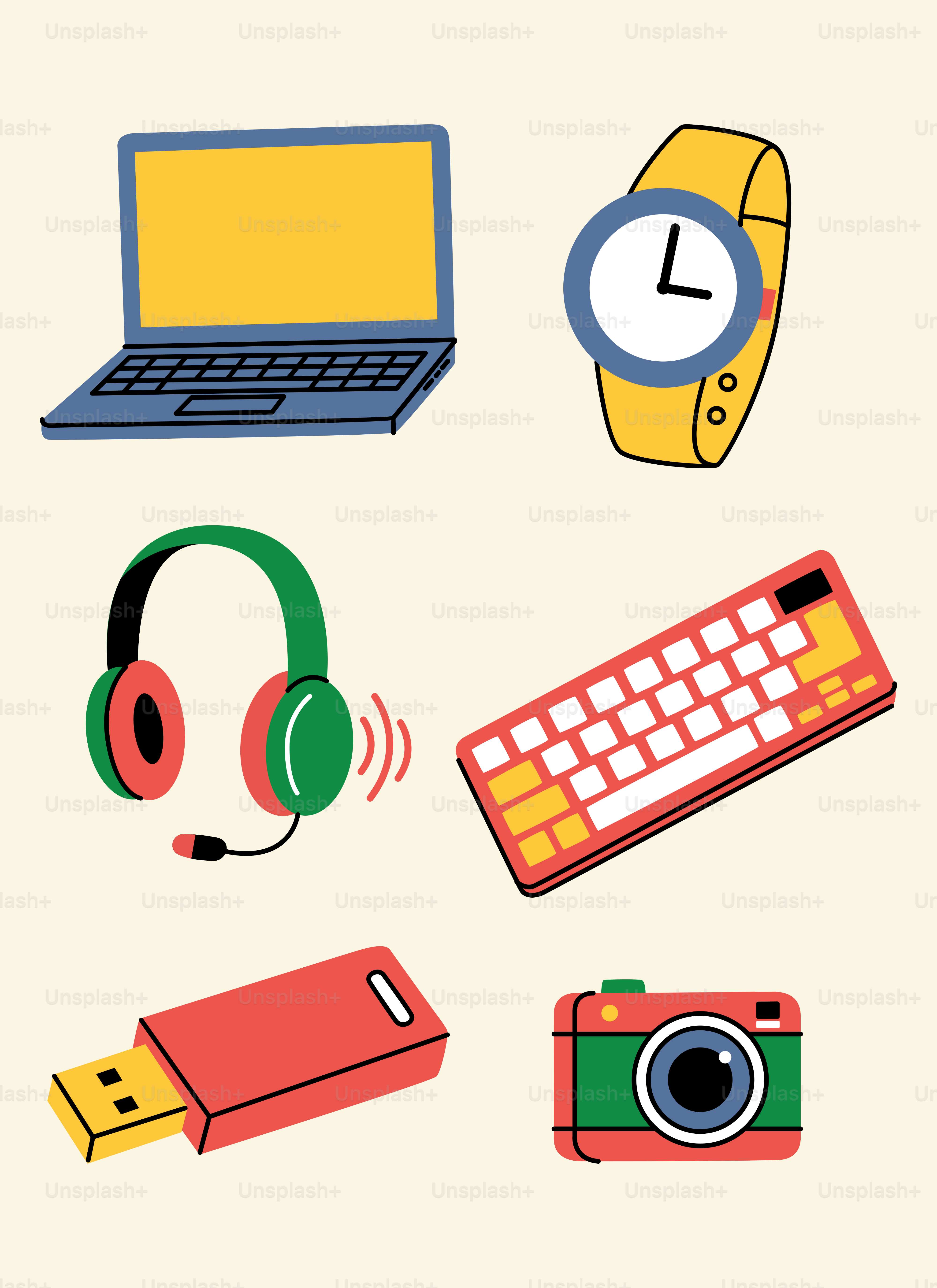 Collection de gadgets électroniques colorés sur un fond crème