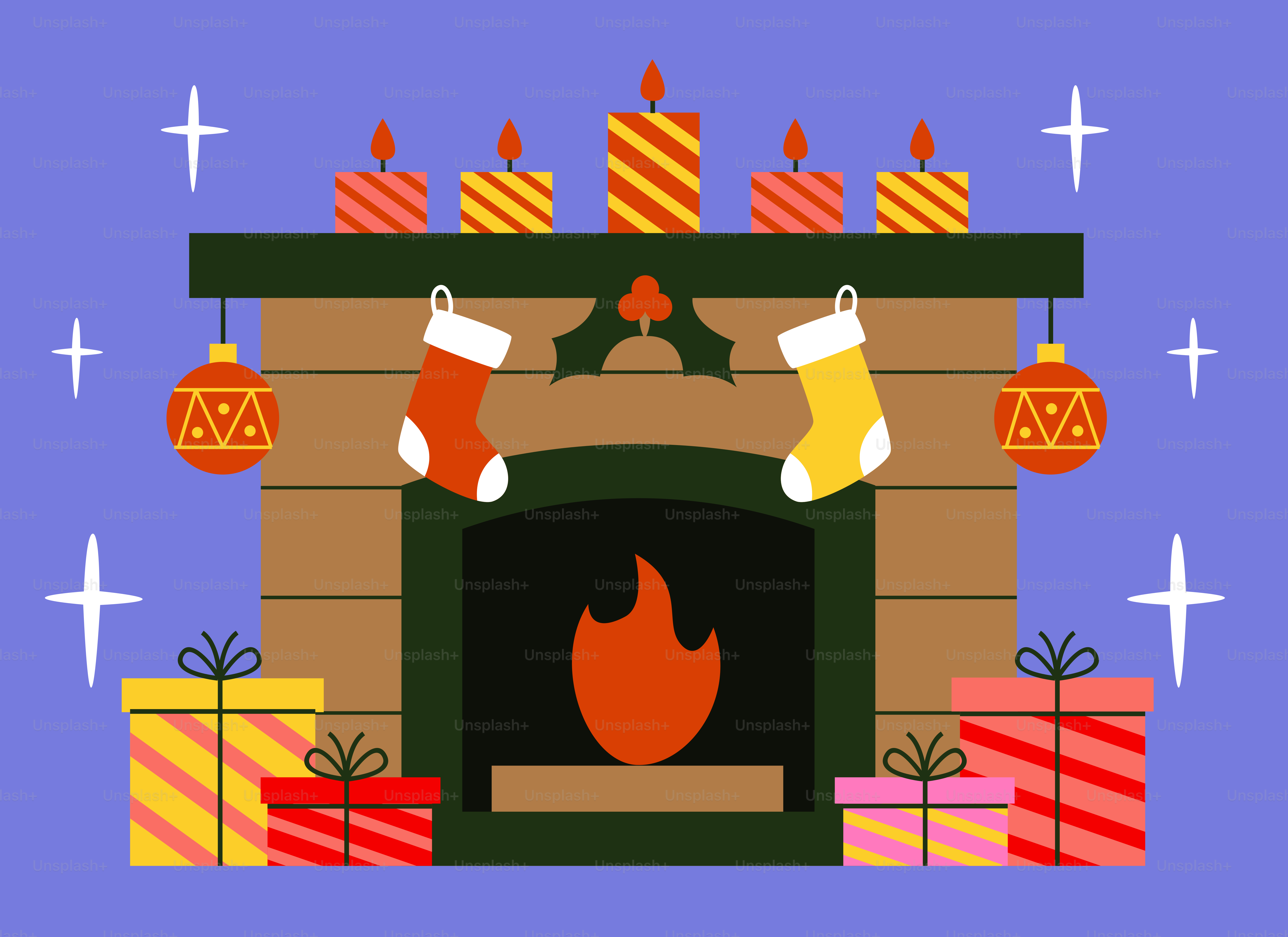 Uma lareira festiva com meias, presentes e velas.