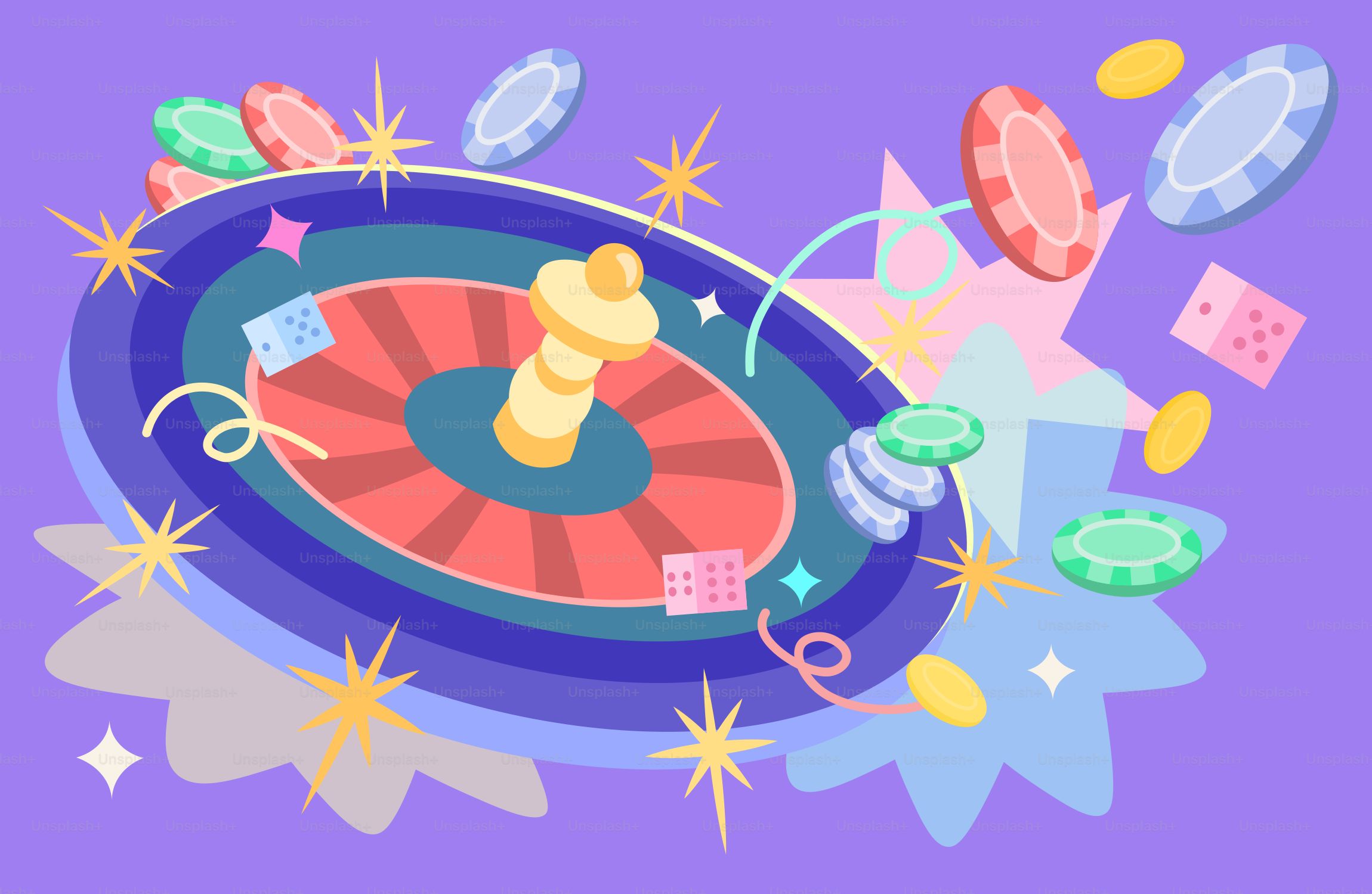 Ruota della roulette con fiches e dadi su sfondo viola