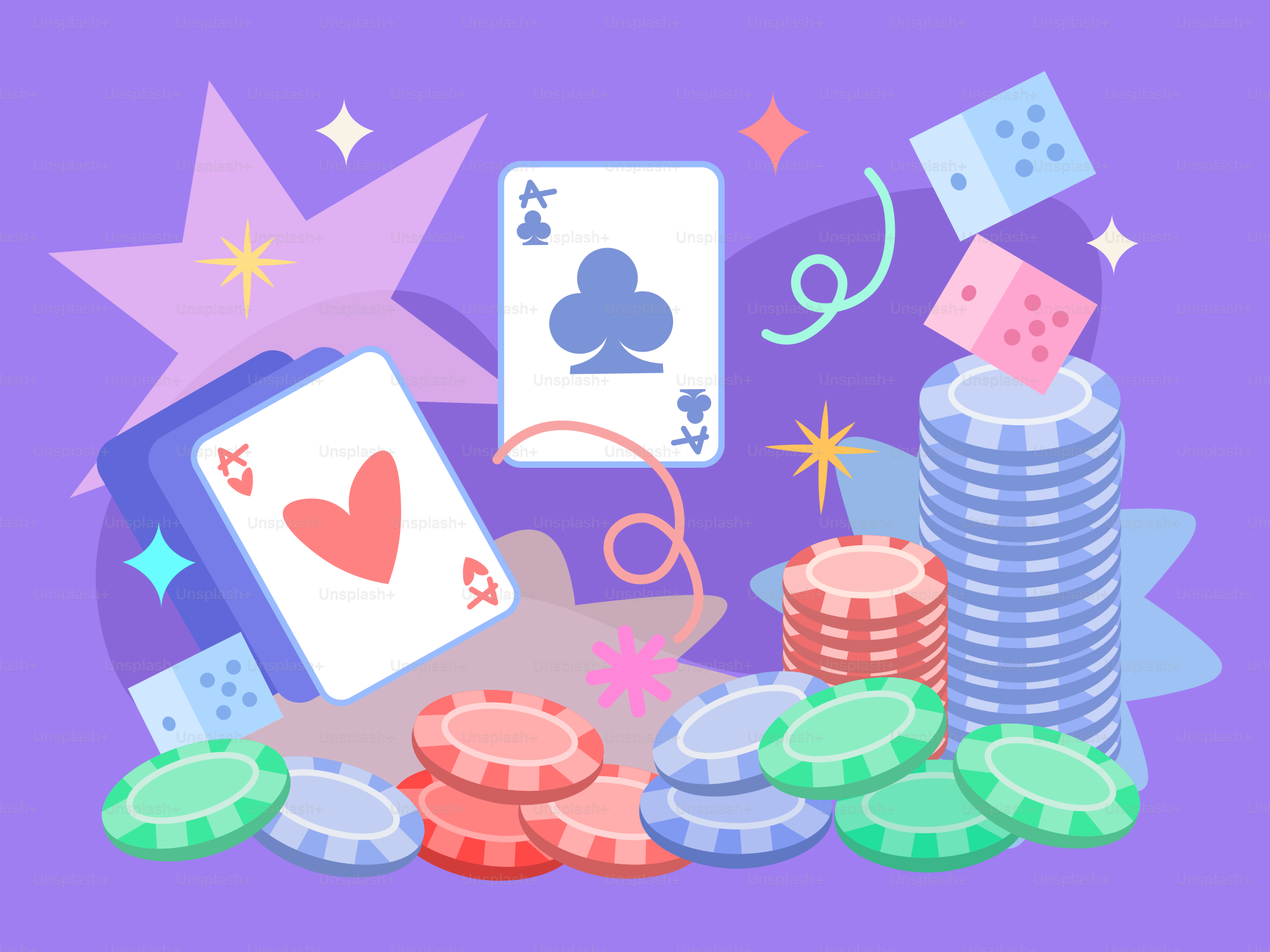 Casino-Elemente mit Karten, Chips und Würfeln