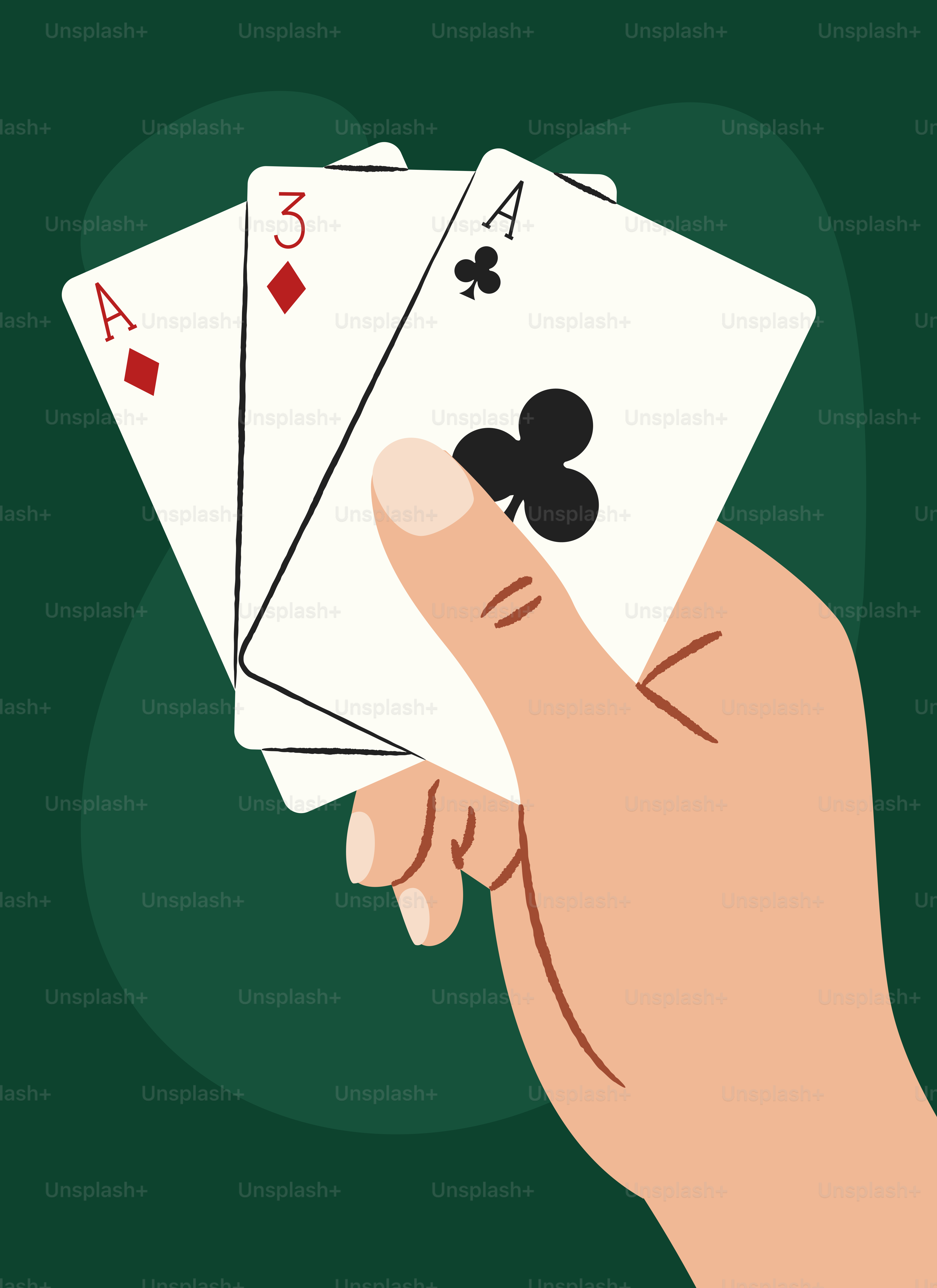 Hand holding three playing cards: two aces and a three.