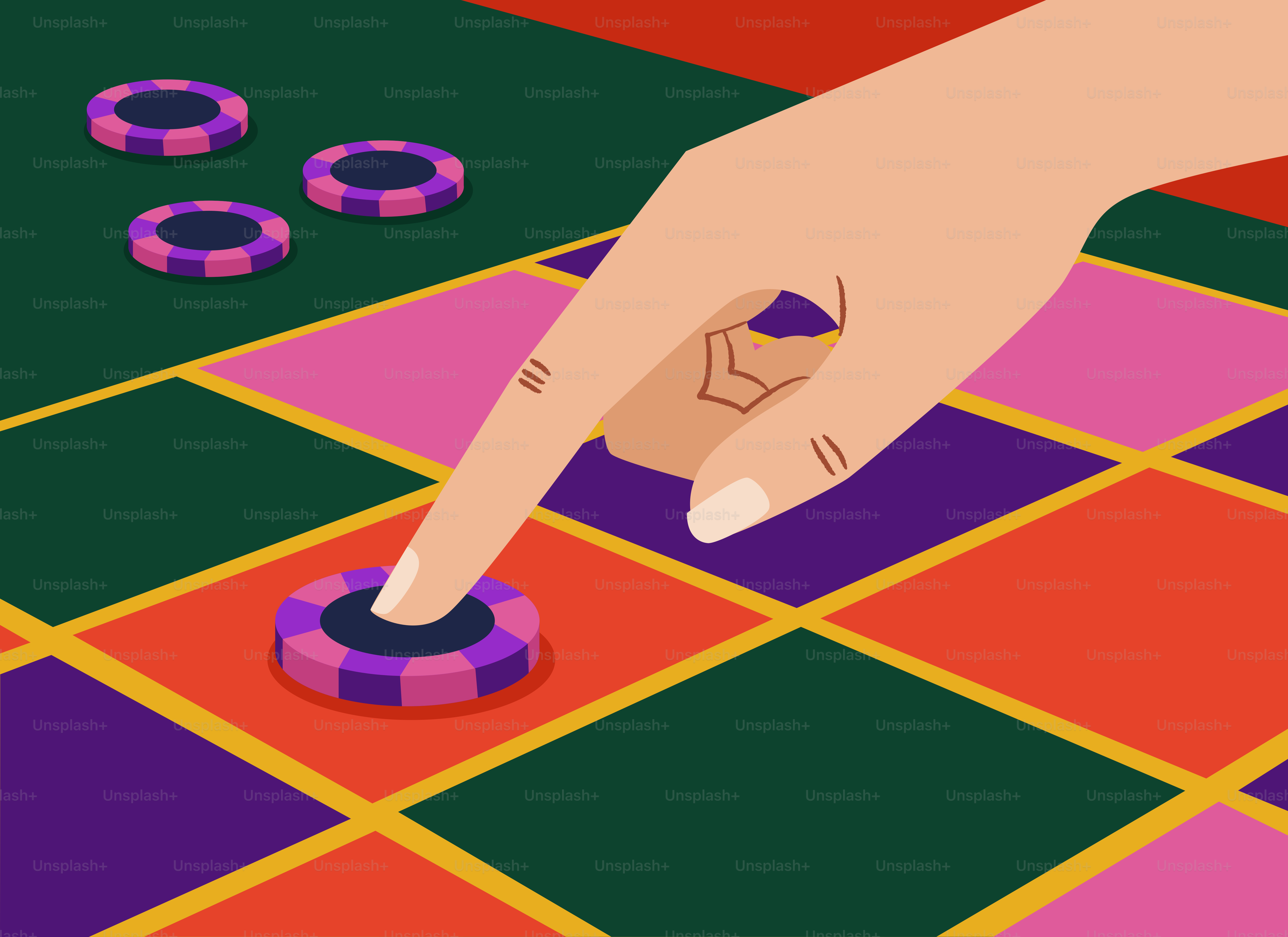 Hand placing chip on colorful roulette board