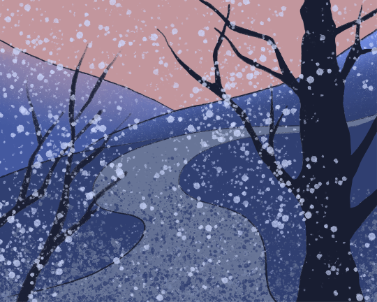 Snow falling on a winter landscape with trees.