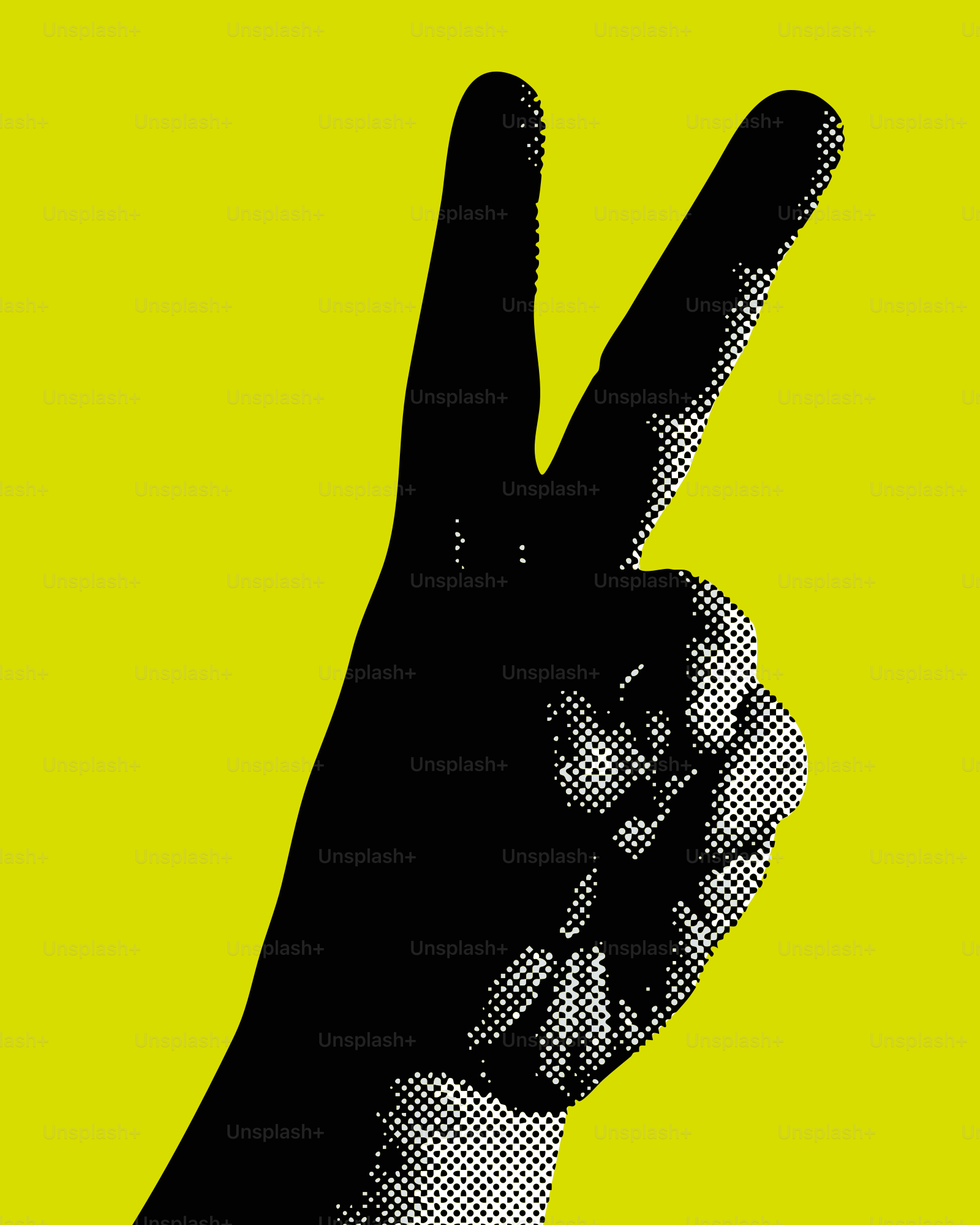 Black hand showing peace sign on yellow background
