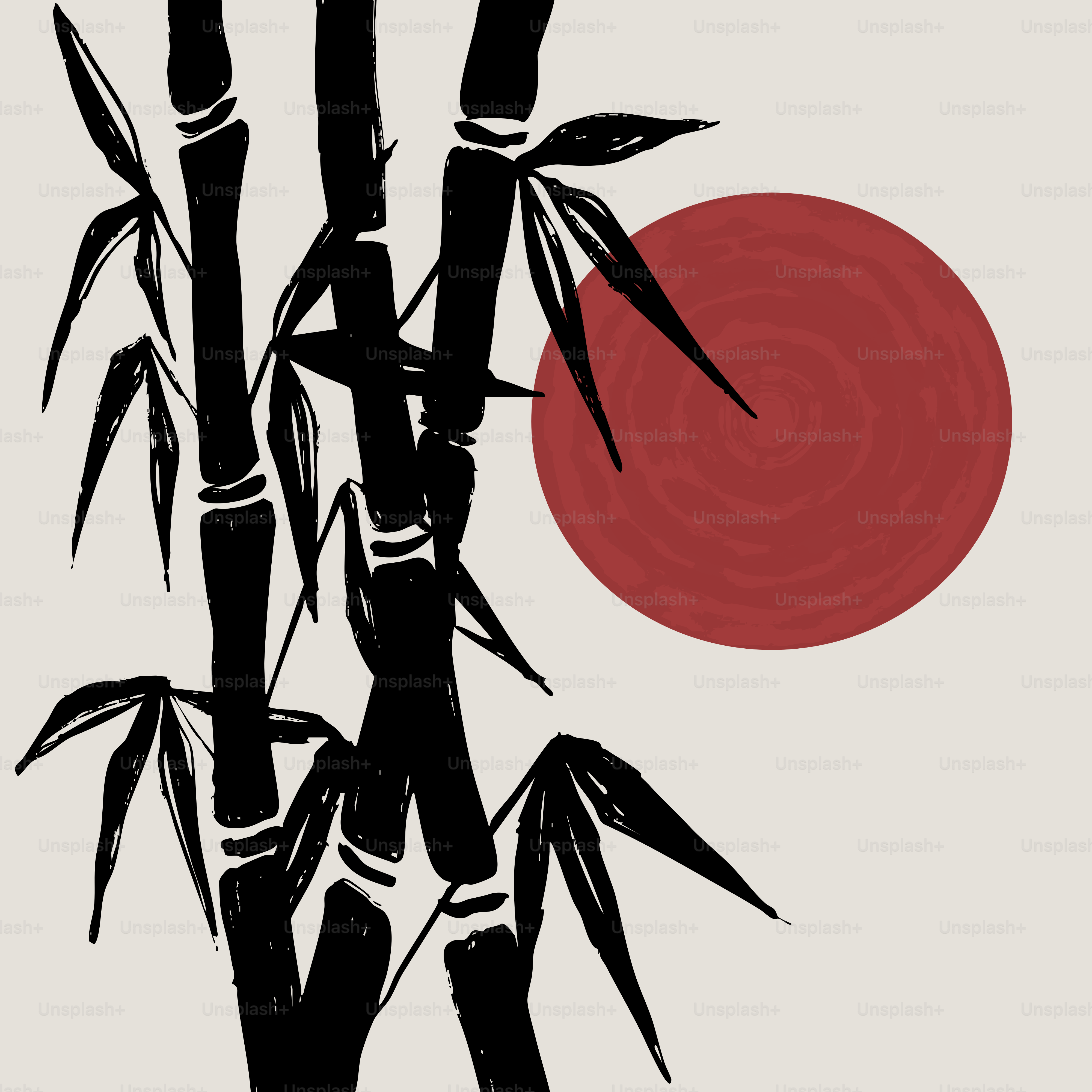 Talos de bambu preto com sol vermelho em fundo bege