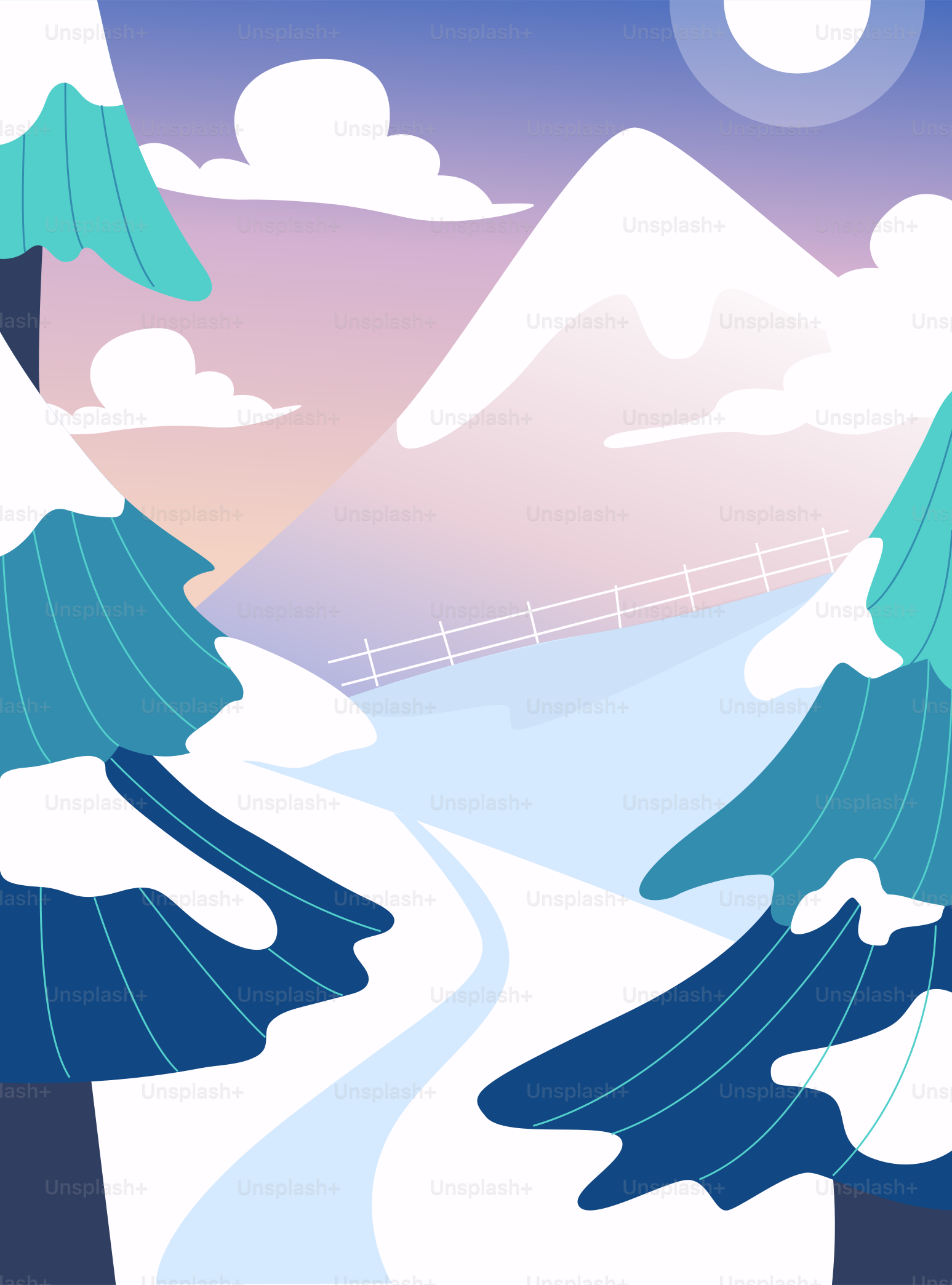 Snowy mountain landscape with pine trees and path vector – Forest Image ...