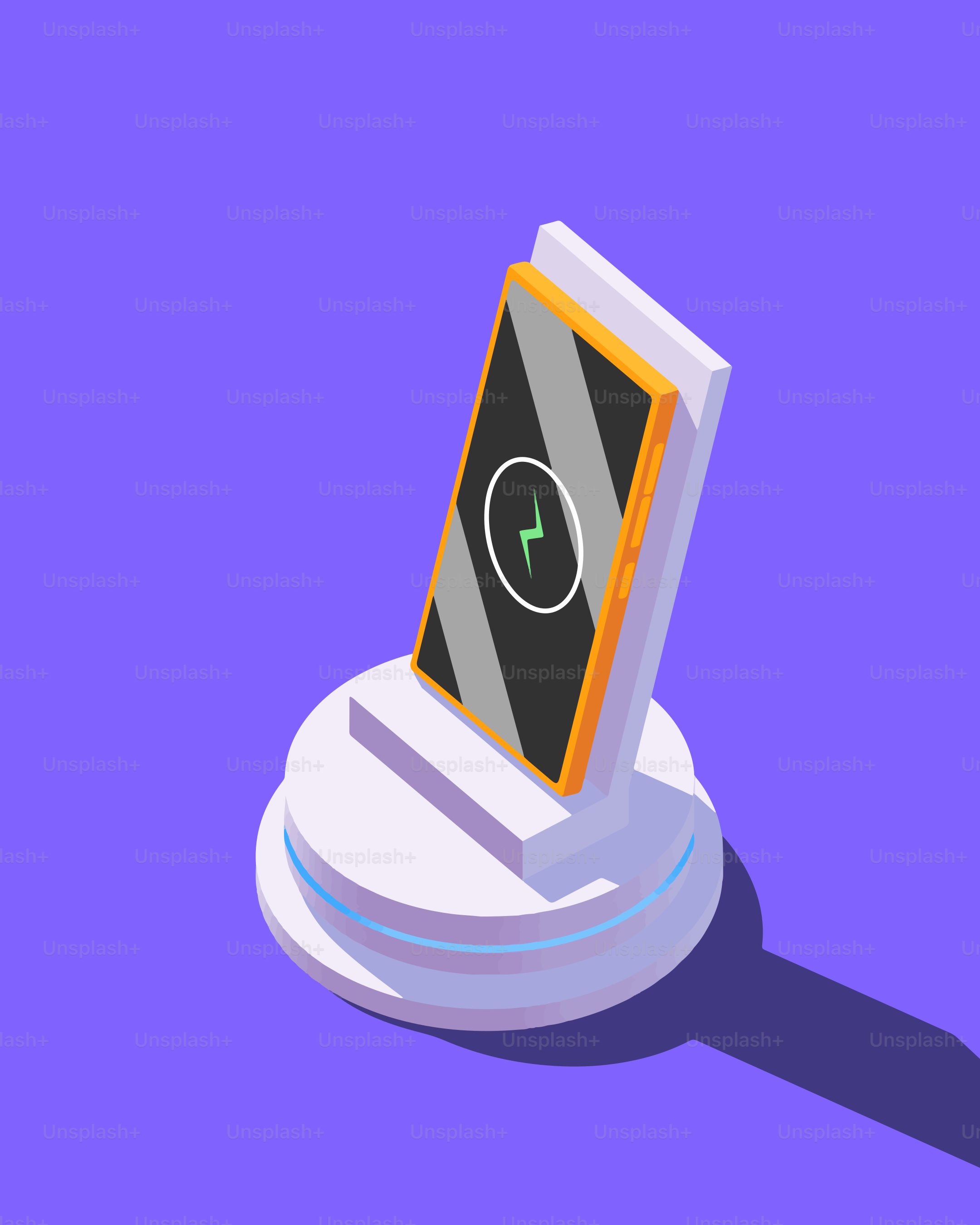 Smartphone charging on a futuristic stand.