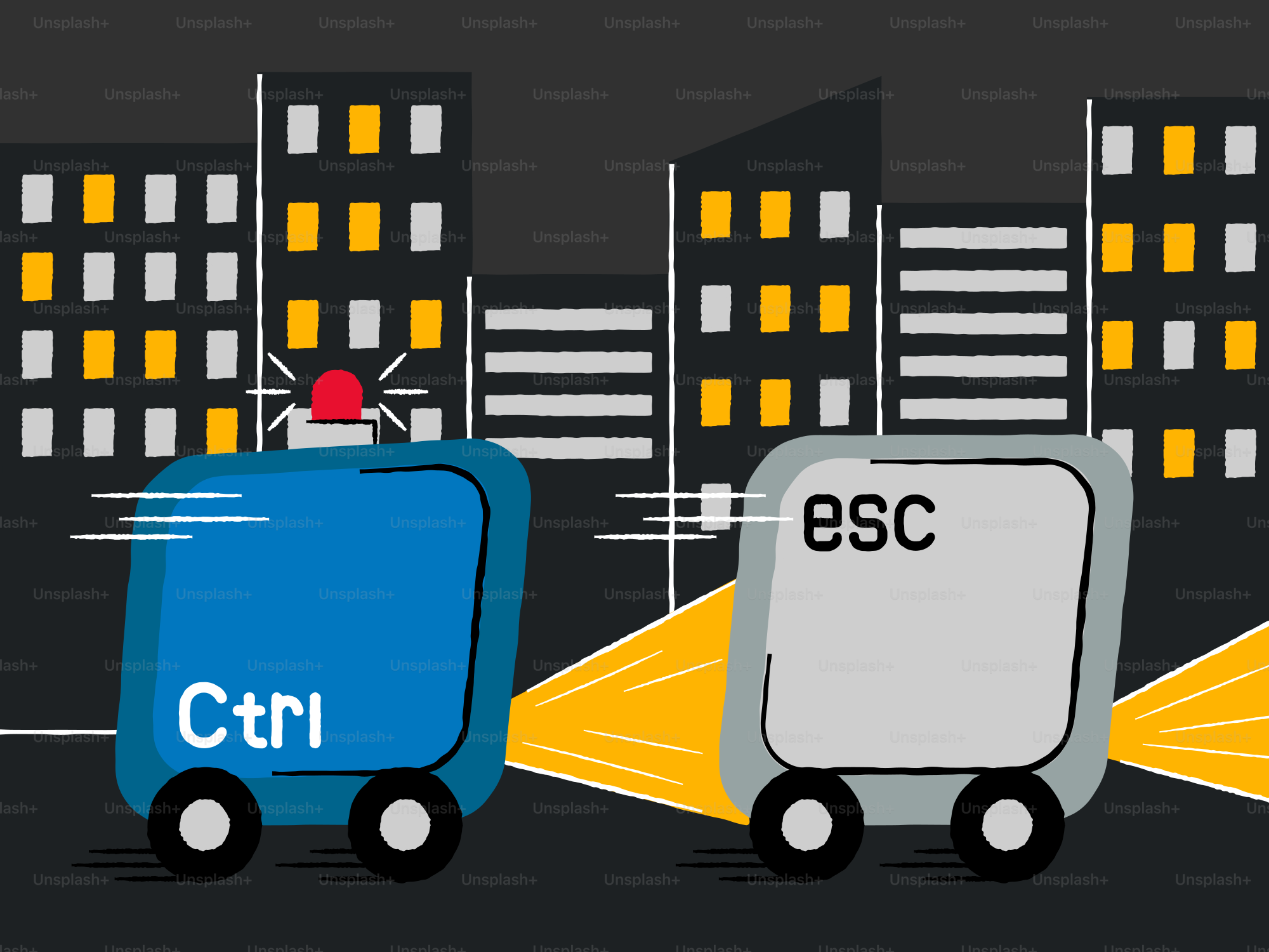 Two cartoon carts labeled ctrl and esc drive at night.