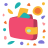 Pink wallet with colorful abstract shapes floating around.
