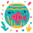 A pink fish swims in a teal fishbowl.