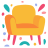 A colorful armchair with abstract shapes around it