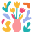 Colorful abstract shapes surround a pink vase with tulips.