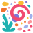 Abstract shapes and colors with a pink spiral.