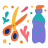 Scissors and bottle with colorful abstract shapes