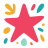 A pink star surrounded by colorful abstract shapes.