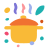 A cartoon pot with steam rising and colorful dots.