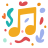 Une note de musique jaune entourée de formes colorées.
