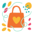 Orange tote bag with yellow heart and colorful shapes